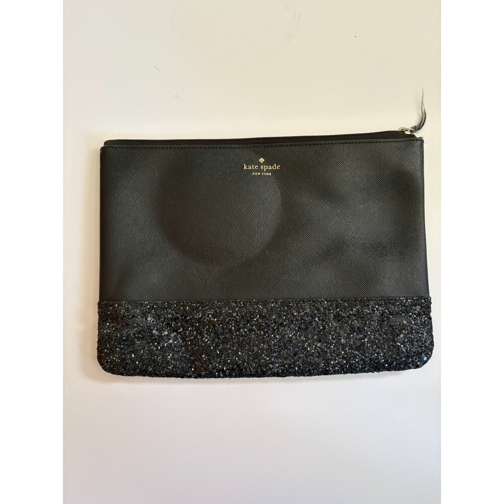 Kate Spade New York Black Saffiano Leather Glitter Clutch Pouch Bag 9x7
